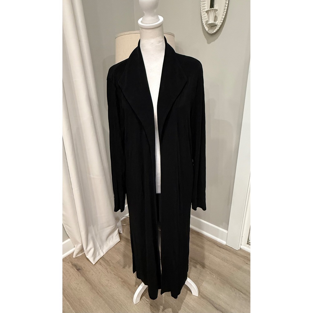 Chicos Travelers Black Ribbed Open Front Duster Cardigan Jacket Size 2 L XL